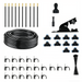 Collection of garden irrigation components including hoses, nozzles, and connectors on a white background.