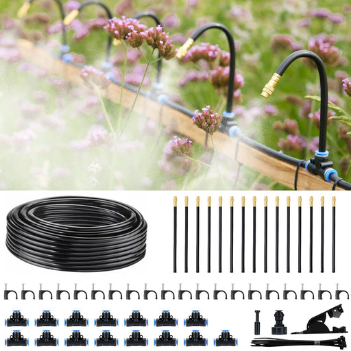 Garden irrigation system with hose, emitters, and connectors on a blurred background of plants.