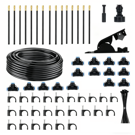 Drip irrigation kit with components on a white background