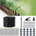 Drip irrigation system components including hoses, nozzles, and connectors with a garden background.
