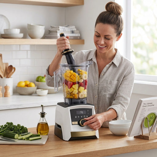 A smiling woman using the tamper tool with a white Vitamix blender filled with sliced mangoes, strawberries, and bananas on a wooden kitchen counter.
