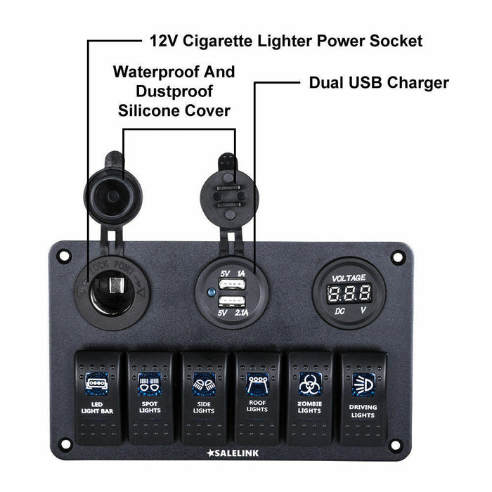 6 Gang LED Rocker Switch Panel Circuit Breakers Charger 12V USB