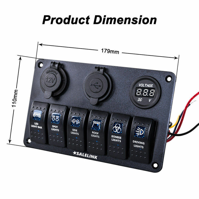 6 Gang LED Rocker Switch Panel Circuit Breakers Charger 12V USB