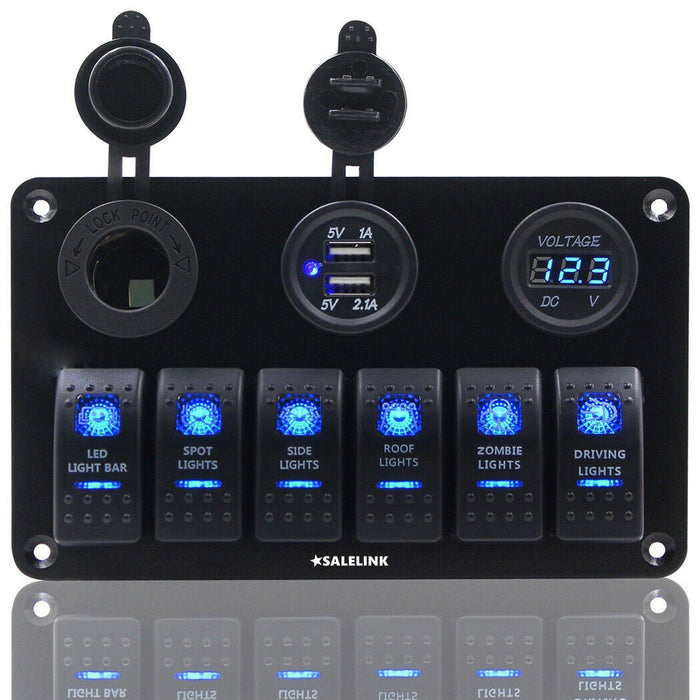 6 Gang LED Rocker Switch Panel Circuit Breakers Charger 12V USB