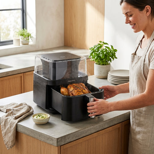 A smiling woman in an apron opens the drawer of a black air fryer on a concrete countertop to reveal a whole roasted, golden-brown chicken.