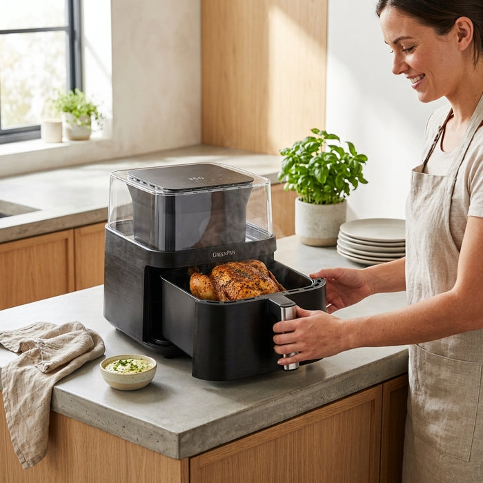 A smiling woman in an apron opens the drawer of a black air fryer on a concrete countertop to reveal a whole roasted, golden-brown chicken.
