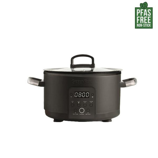 Black slow cooker with digital display on a white background, featuring a PFAS-free label.