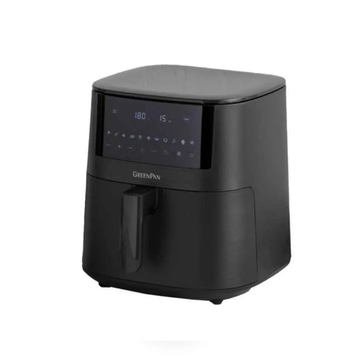 Black air fryer with digital display on a white background