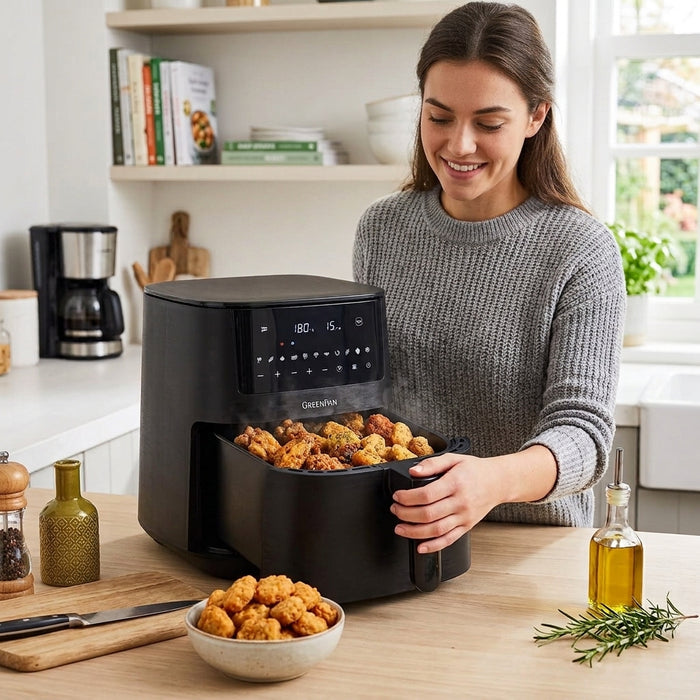 A woman in a grey sweater smiles as she pulls open the drawer of a black GreenPan air fryer, revealing a basket full of cooked chicken pieces. 