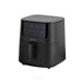 Black air fryer with digital display on a white background