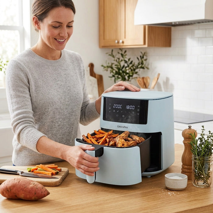 A woman open the  Light Blue GreenPan air fryer filled with hot sweet potato fries.