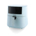 Light blue air fryer with black interior on a white background