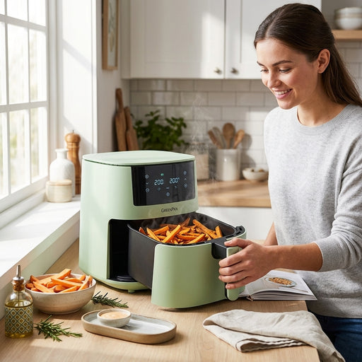 A woman open the mint green GreenPan air fryer filled with hot sweet potato fries on a sunlit kitchen counter.