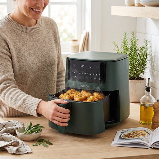 A woman smiling as she pulls the basket from a pine green air fryer filled with chicken nuggets.