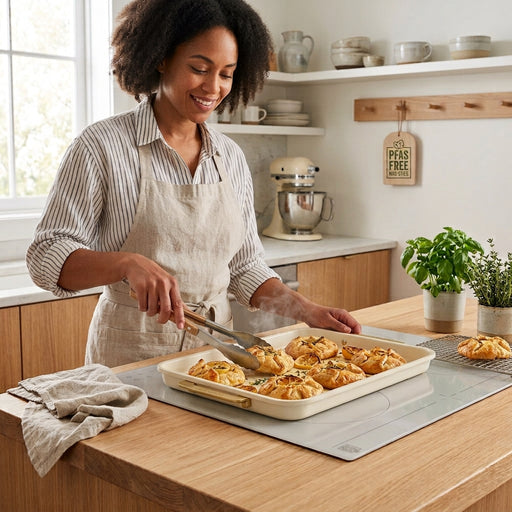 A woman in an apron stands at a kitchen island, using wooden tongs to serve a single golden-brown galette from a full baking sheet.