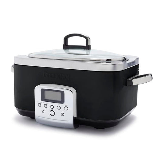 Black slow cooker with digital display on a white background
