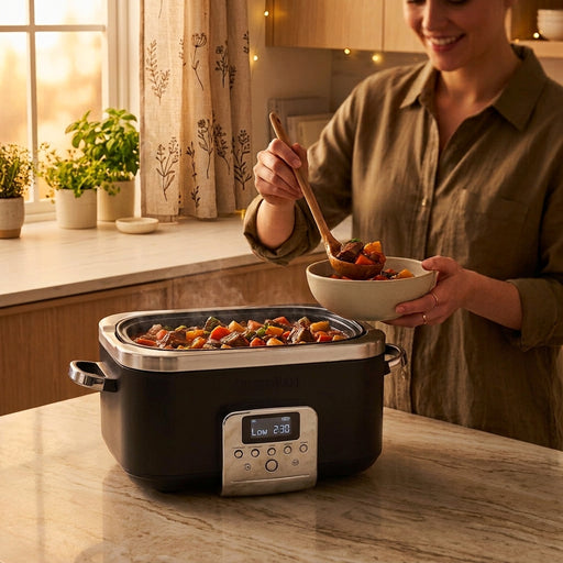 A smiling woman in an apron scoops beef stew from an open Slow cooker into a ceramic bowl in a modern kitchen.