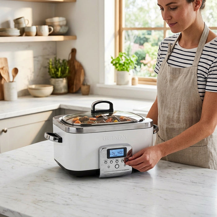 A woman cooking  on a Slow cooker filled with steaming stew on a white marble kitchen.