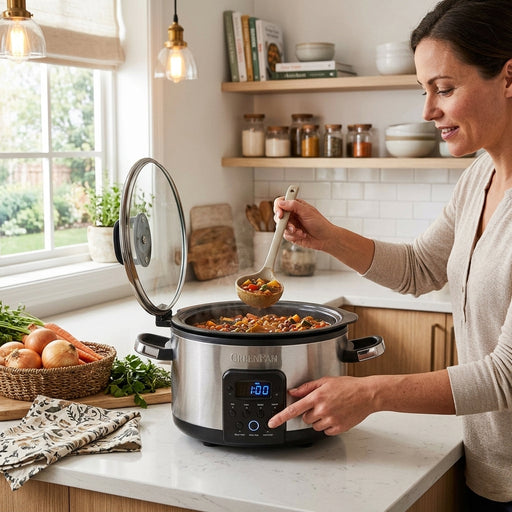 A woman is using a GreenPan Slow cooker in a well-lit kitchen.