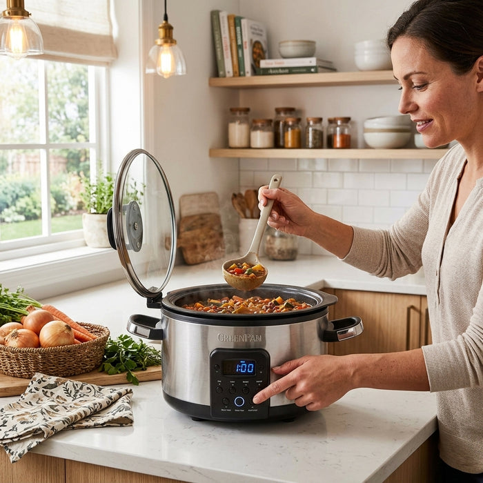 A woman is using a GreenPan Slow cooker in a well-lit kitchen.