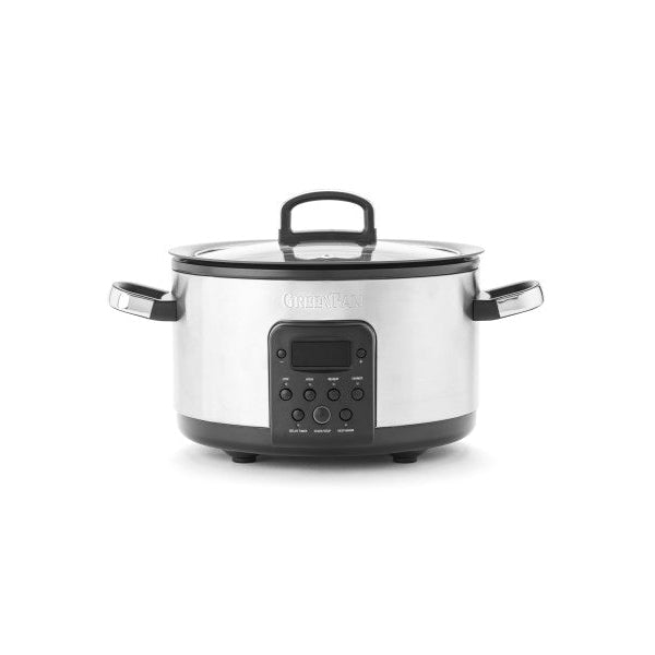 Stainless steel slow cooker with digital display on a white background