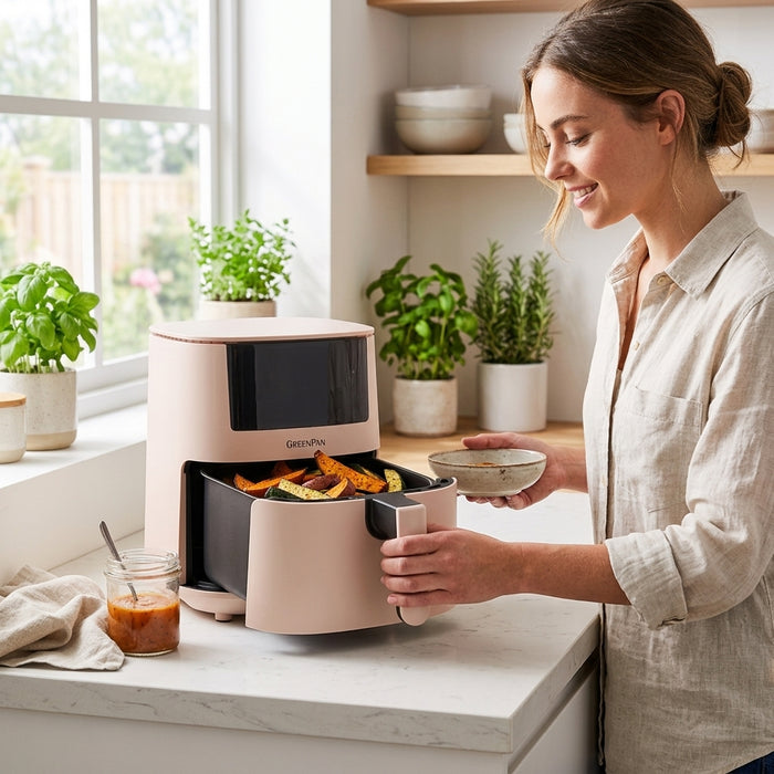 A smiling woman pulls open the basket of a pastel pink air fryer, revealing warm roasted vegetables on a clean white kitchen counter.