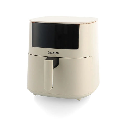 Taupe air fryer with black interior on a white background, featuring the GreenPan brand.
