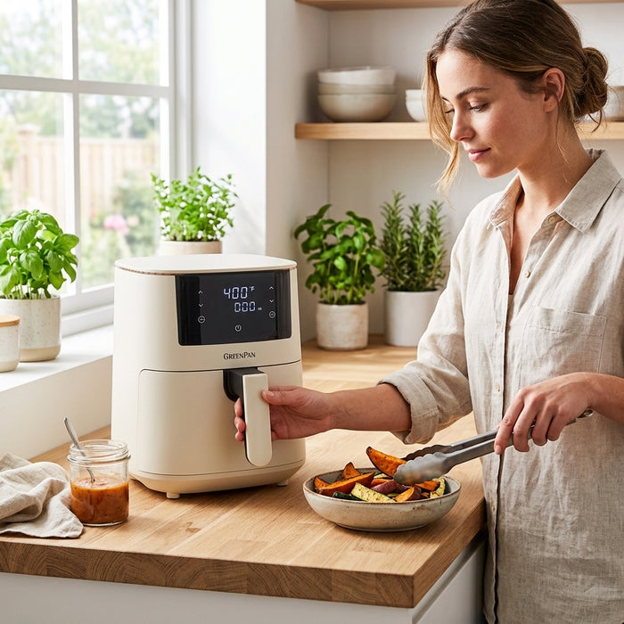 A woman in a linen shirt pulls roasted sweet potato wedges from a Taupe colored air fryer with tongs.