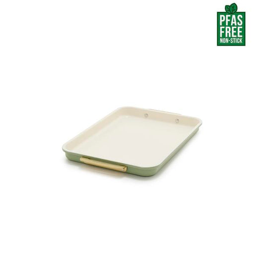 Gray baking tray with a handle on a white background, featuring a PFAS-free logo.