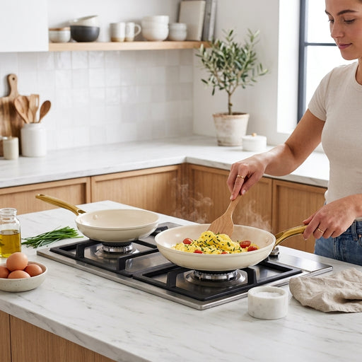 Person cooking scrambled eggs with tomatoes in a cream skillet with a gold handle on a kitchen stovetop.