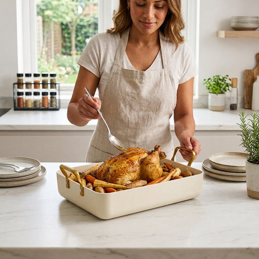 A woman basting a whole roasted chicken and vegetables in a pan.