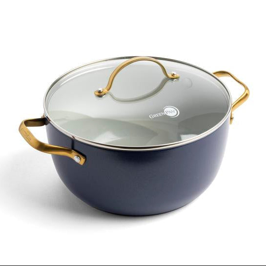 Blue pot with gold handles and a clear glass lid on a white background