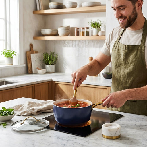 A man wearing an apron stirs steaming tomato sauce in a navy blue pot on an induction cooktop.