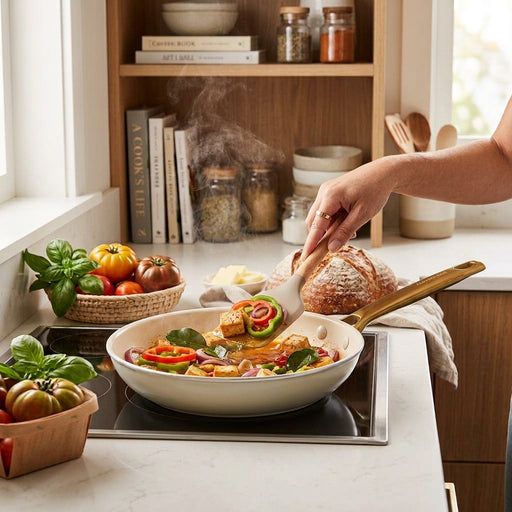 A person cooking  in a frying pan on a stovetop.