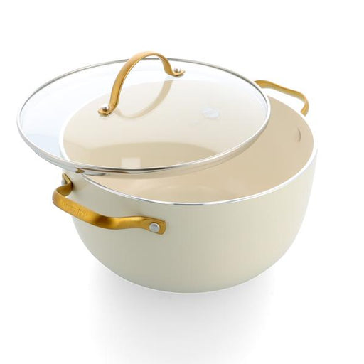 Cream-colored ceramic pot with gold handles on a white background