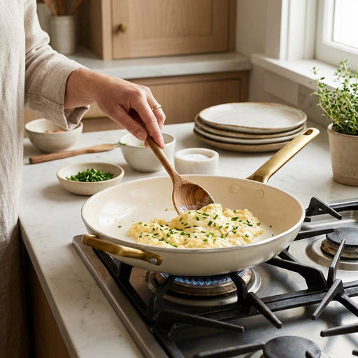 A woman stirs scrambled eggs with a wooden spoon in a cream-colored frying pan with a gold handle. The pan is on a gas stove in a rustic kitchen setting.