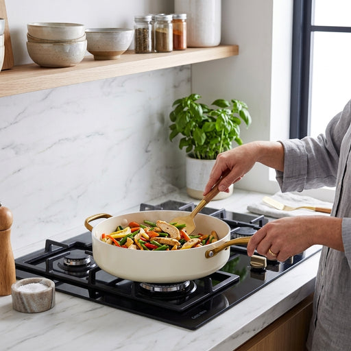 A person in a linen shirt uses a gold-colored spatula to cook chicken and vegetable stir-fry in a white sauté pan on a gas stovetop in a modern kitchen.