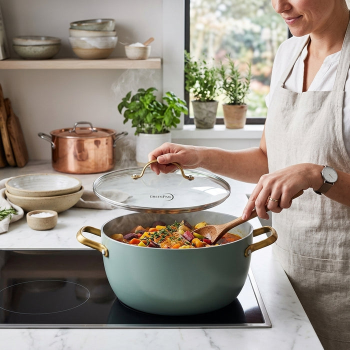A woman stirring a steaming vegetable stew in a sage smokey blue Dutch oven on a stovetop