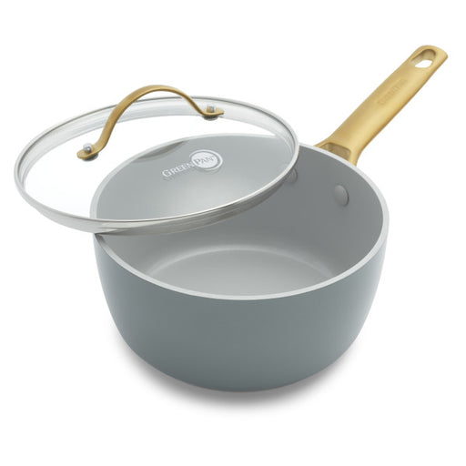 Smokey Blue saucepan with a wooden handle and clear lid on a white background
