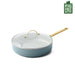 Blue ceramic cookware set with gold handle on a white background, featuring PFAS-free label.