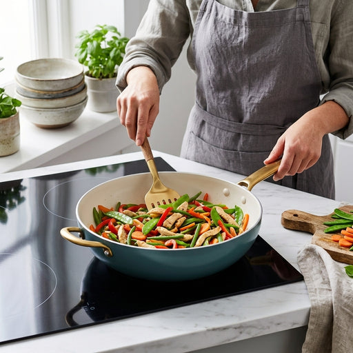 A person in an apron stir vegetables in a teal pan on a glass stove.