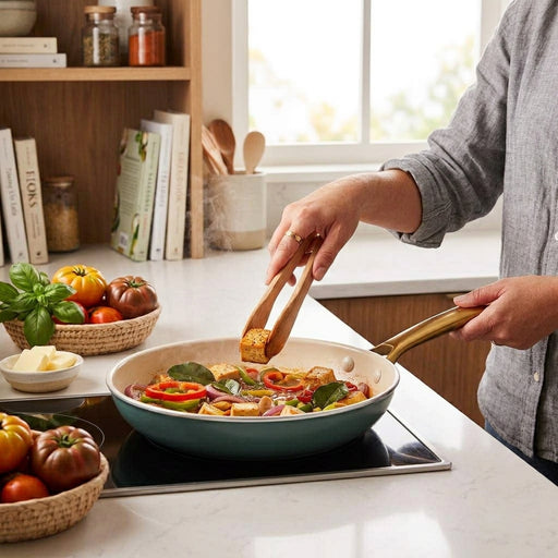 A person uses wooden tongs to stir tofu and vegetables in a smokey blue pan.