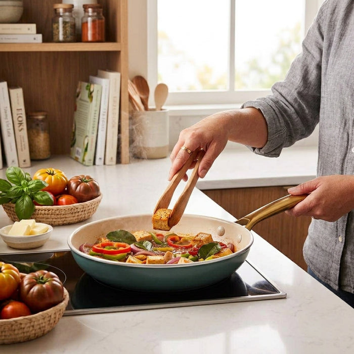 A person uses wooden tongs to stir tofu and vegetables in a smokey blue pan.