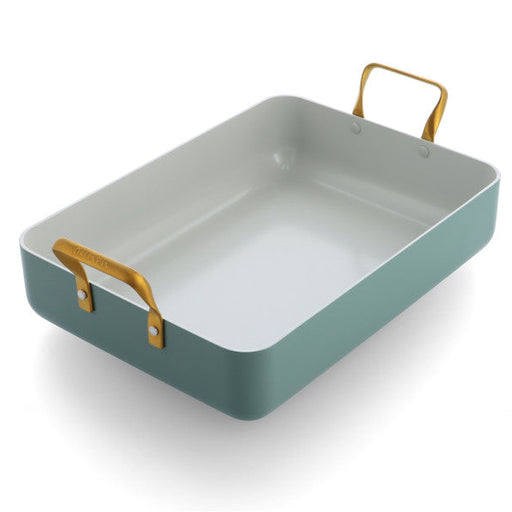 Rectangular metal tray with handles on a white background