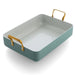 Rectangular metal tray with handles on a white background
