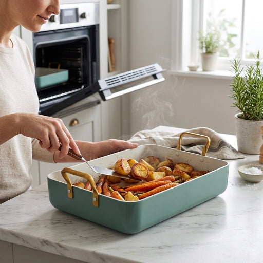 Woman serves roasted vegetables from a sage green casserole dish.