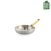Stainless steel frying pan with a wooden handle on a white background, featuring a PFAS-free label.