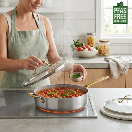 A person in a green apron adds herbs to a steaming stainless steel sauté pan with gold handles on an electric cooktop.