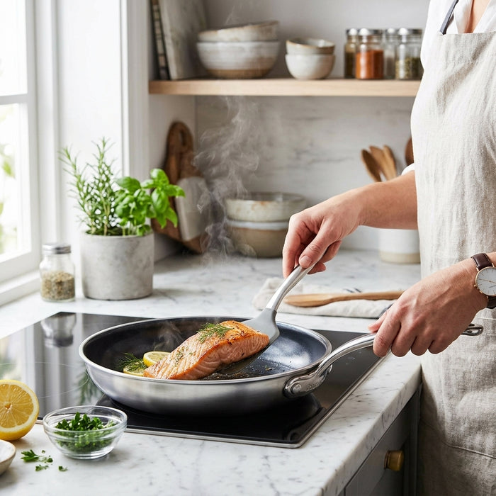 A person in a beige linen apron flips a seared salmon fillet in a stainless steel frypan on an induction cooktop.