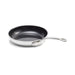 Stainless steel frying pan with a black interior on a white background